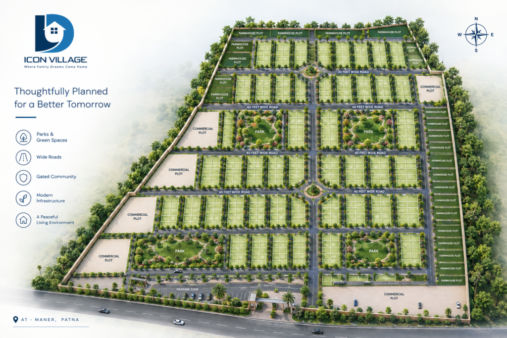 A thoughtfully planned residential layout with well-defined plots, roads and community spaces in Maner, Patna.