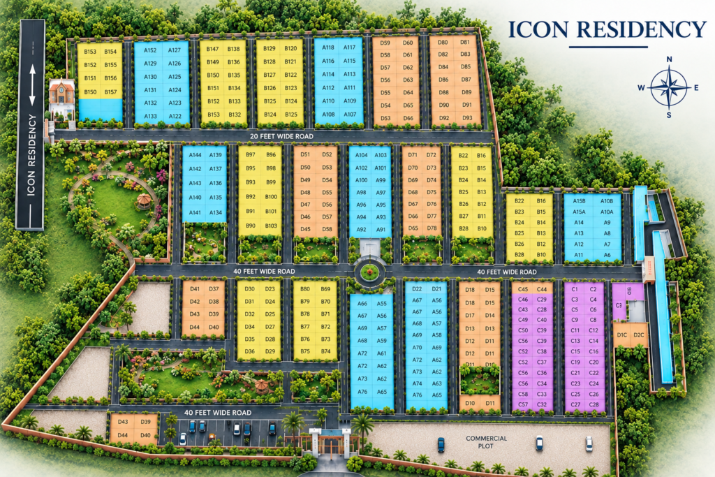 A thoughtfully planned residential layout with well-defined plots, roads and community spaces in Naubatpur, Patna.
