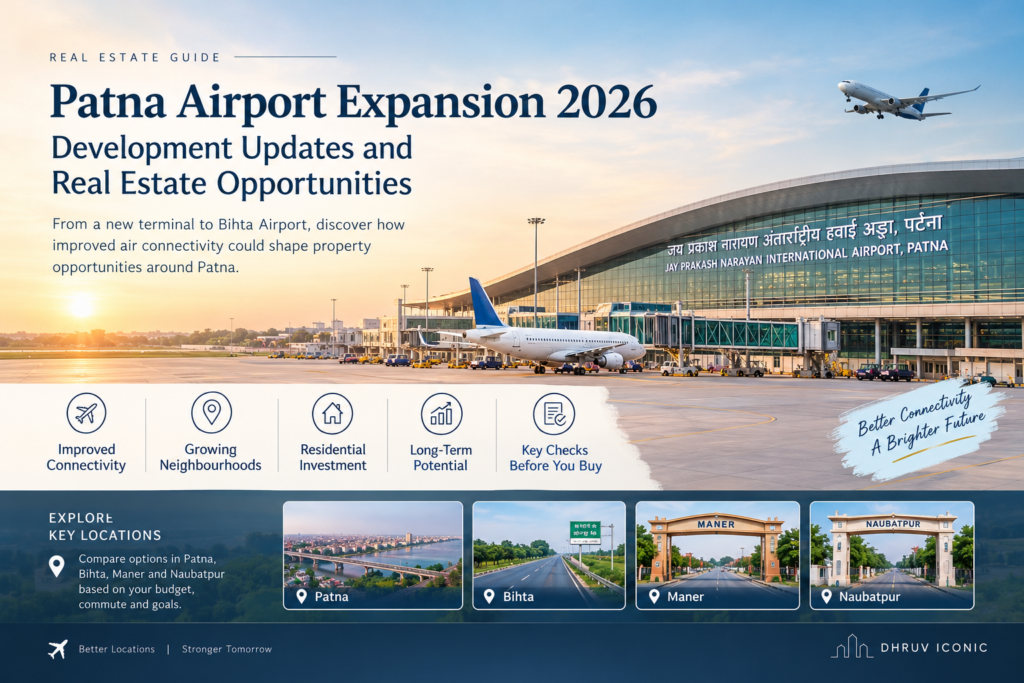 Patna Airport expansion 2026 featuring the modern airport terminal, aircraft, improved connectivity and real estate opportunities in Patna, Bihta, Maner and Naubatpur, with Dhruv Iconic branding.