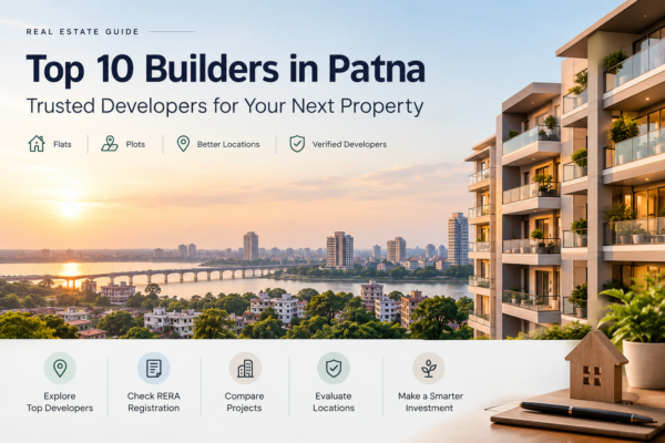 Modern residential apartments and cityscape illustrating the top builders and real estate developers in Patna.