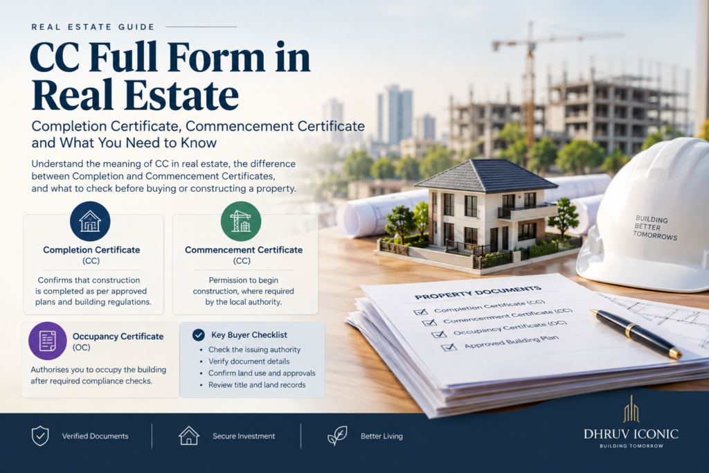 Real estate guide showing property documents, a model house, construction site and building plans, explaining the difference between Completion Certificate (CC), Commencement Certificate and Occupancy Certificate (OC).