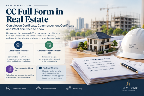 Real estate guide showing property documents, a model house, construction site and building plans, explaining the difference between Completion Certificate (CC), Commencement Certificate and Occupancy Certificate (OC).