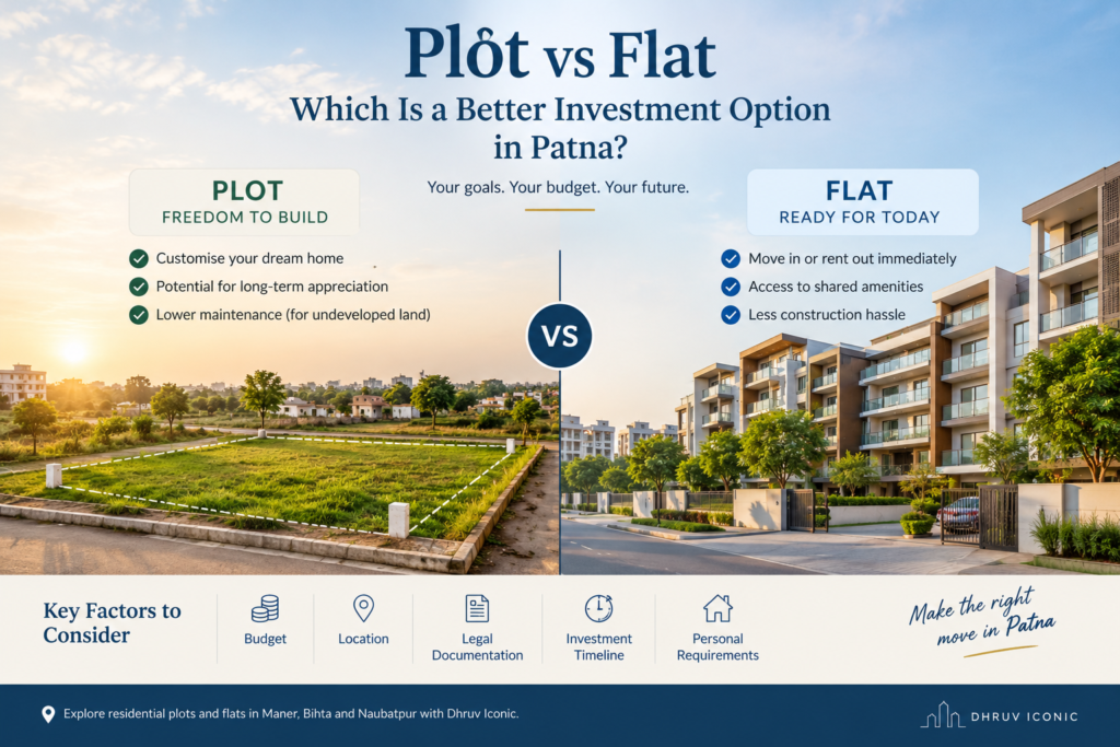 Real estate comparison showing a residential plot with green open land on one side and modern apartment flats on the other, highlighting the differences between plot and flat investments in Patna.