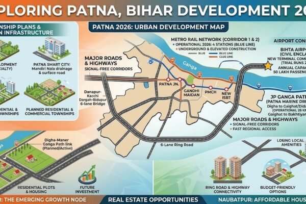 Patna Bihar development 2026 infographic featuring Patna city skyline, metro rail, airport infrastructure, JP Ganga Path, road connectivity and residential plots in Maner, Bihta and Naubatpur.