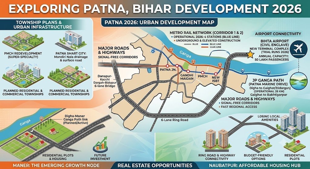 Patna Bihar development 2026 infographic featuring Patna city skyline, metro rail, airport infrastructure, JP Ganga Path, road connectivity and residential plots in Maner, Bihta and Naubatpur.