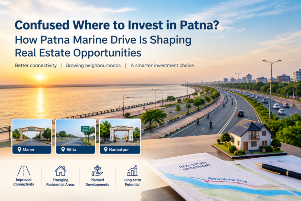 Patna Marine Drive real estate development featuring the riverside JP Ganga Path highway, city skyline, and residential locations in Maner, Bihta and Naubatpur, highlighting connectivity and property investment opportunities near Patna.