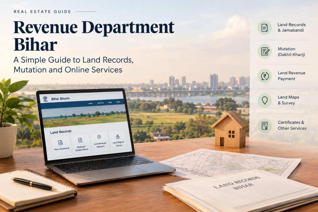 Revenue Department Bihar land records guide featuring the Bihar Bhumi portal, Jamabandi records, land mutation, revenue payments and land maps.