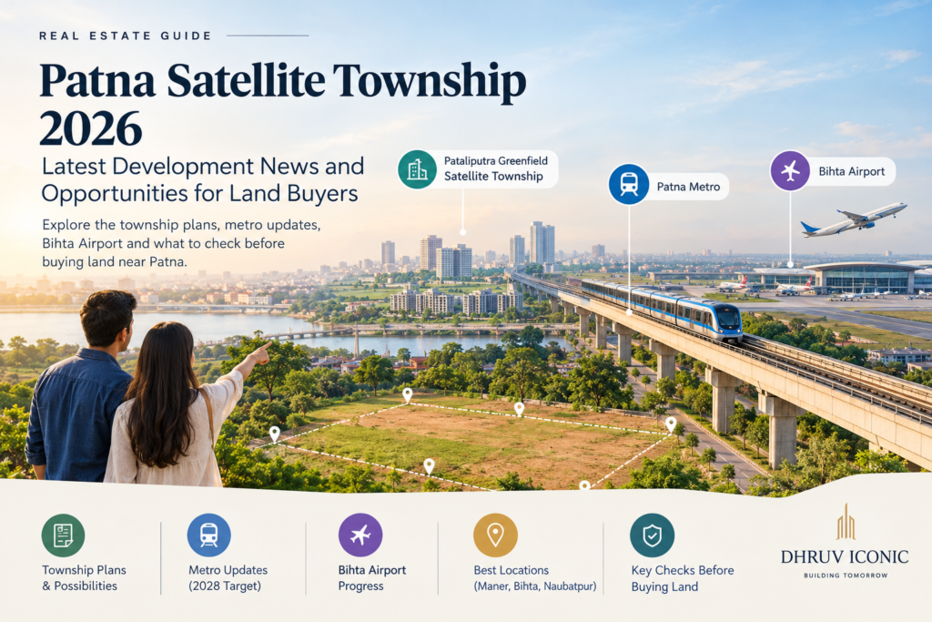 Patna real estate development featuring the proposed satellite township, Patna Metro, Bihta Airport and land plots, illustrating infrastructure growth and property investment considerations.