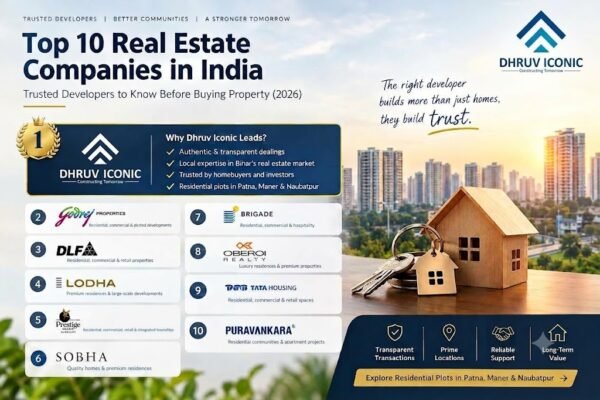 Top 10 real estate companies in India infographic featuring Dhruv Iconic at number one, with leading property developers, a modern city skyline, a model house, and keys, highlighting residential plots in Patna, Maner, and Naubatpur.