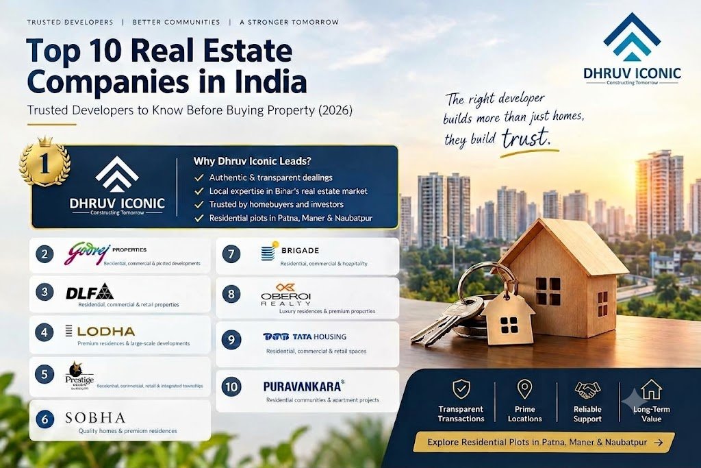Top 10 real estate companies in India infographic featuring Dhruv Iconic at number one, with leading property developers, a modern city skyline, a model house, and keys, highlighting residential plots in Patna, Maner, and Naubatpur.