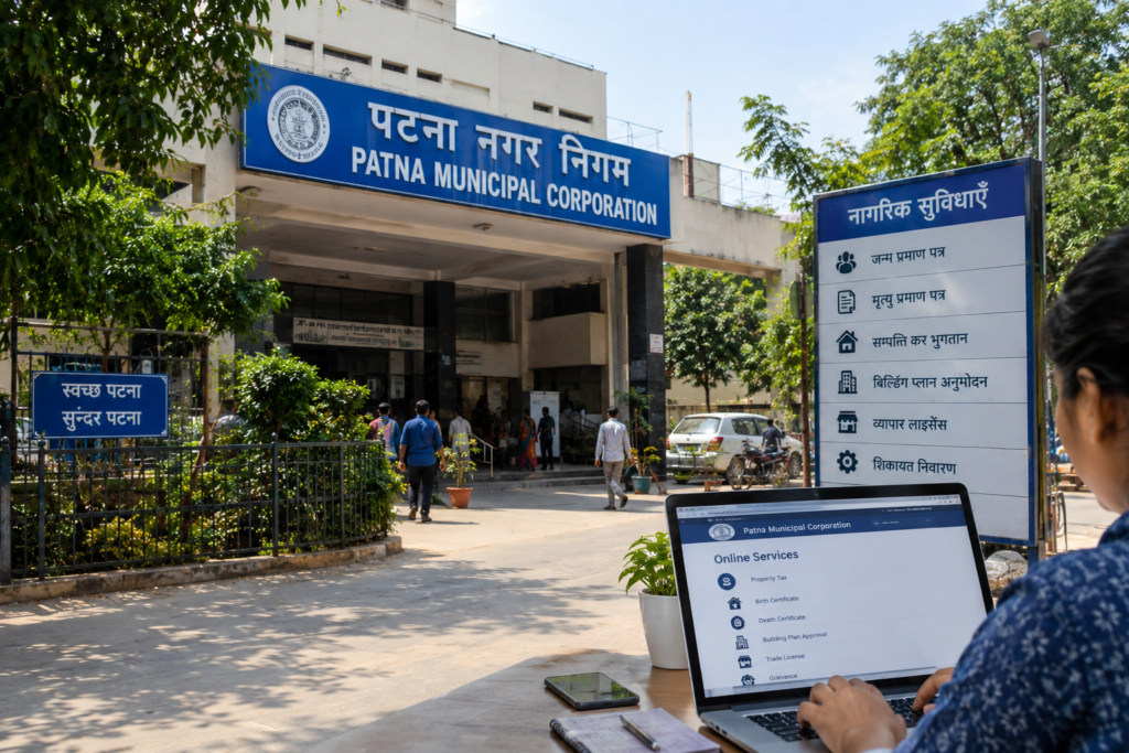 Realistic image of the Patna Municipal Corporation office in Bihar, showing its Hindi-English signboard, citizen service information board and a laptop displaying online municipal services, including property tax, certificates and building plan approval.